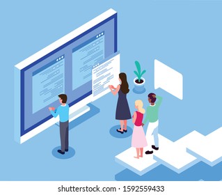 group of people working in front of computer screen vector illustration design