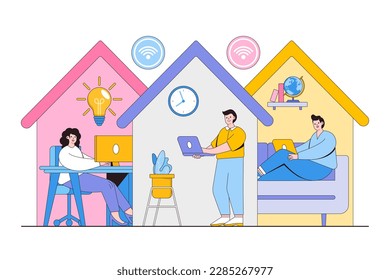 Group of people working from home on the internet online. Freelancer working on laptop. Outline design style minimal vector illustration for landing page, web banner, infographics, hero images.