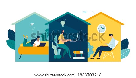 group of people working from home on the internet online, creative space, self-isolation, freelancer working on laptop vector, vector illustration