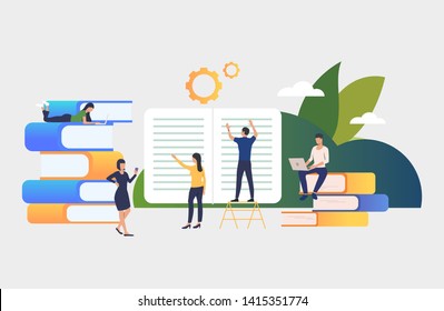 Group of people working on books. Authors, brainstorming, printing house, library. Business concept. Vector illustration for poster, presentation, new project