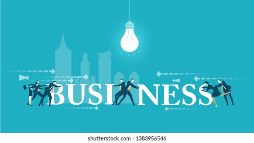 Group of people working on the Business sign by putting it together. Illustration represents team work and success