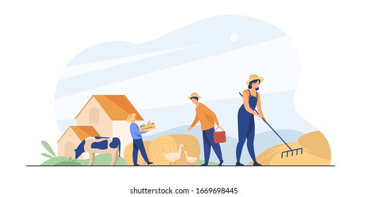 Group of people working on farm. Agricultural workers gathering hay and harvest, feeding poultry. Vector illustration for agriculture, cattle, countryside, job concept