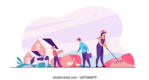 Group of people working on farm. Agricultural workers gathering hay and harvest, feeding poultry. Vector illustration for agriculture, cattle, countryside, job concept