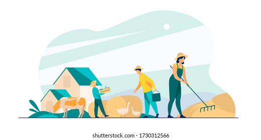Group of people working on farm. Agricultural workers gathering hay and harvest, feeding poultry. Vector illustration for agriculture, cattle, countryside, job concept