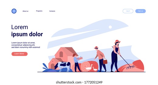 Group of people working on farm. Agricultural workers gathering hay and harvest, feeding poultry. Vector illustration for agriculture, cattle, countryside, job concept