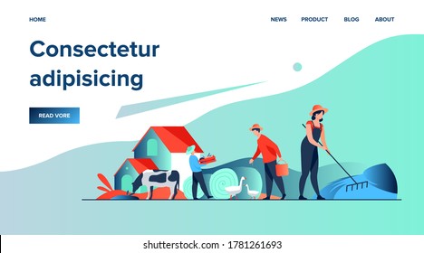 Group of people working on farm. Agricultural workers gathering hay and harvest, feeding poultry. Vector illustration for agriculture, cattle, countryside, job concept