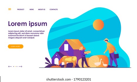 Group of people working on farm. Agricultural workers gathering hay and harvest, feeding poultry. Vector illustration for agriculture, cattle, countryside, job concept