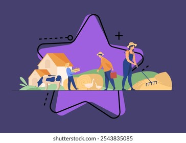 Grupo de personas que trabajan en la granja. Trabajadores agrícolas recolectando heno y cosechando, alimentando aves de corral. Ilustración vectorial para la agricultura, ganado, campo, concepto de trabajo