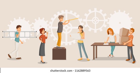 Group of people working on gear wheel. Cogwheel.