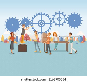 Group of people working on gear wheel. Cogwheel on colorful forest.
