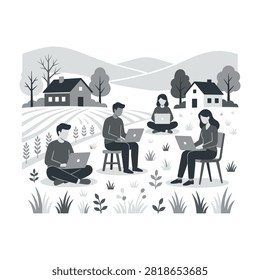 group of people working on laptops in a field with houses and mountains in background
