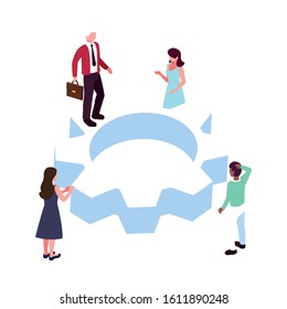 group of people working on a project on white background vector illustration design
