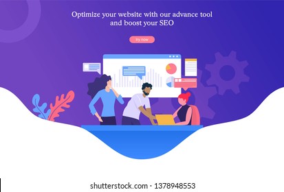 group of people working on SEO optimization, business people discuss , 3d vector illustration concept, digital meeting.  Can use for, landing page, template, ui, web, homepage, poster, banner, flyer