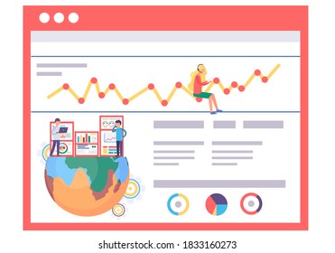 A group of people working with statistics of planet indicators. Analysis of work of the Earth. Scientists are studying the indicators of planet. Woman watching graph growth. Environmental monitoring