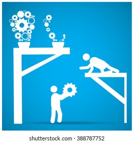 Group of people working together to build lightbulbs on a blue background