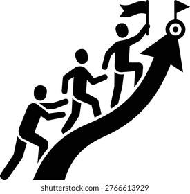 A group of people working together to climb a tall arrow toward a target representing growth and shared success