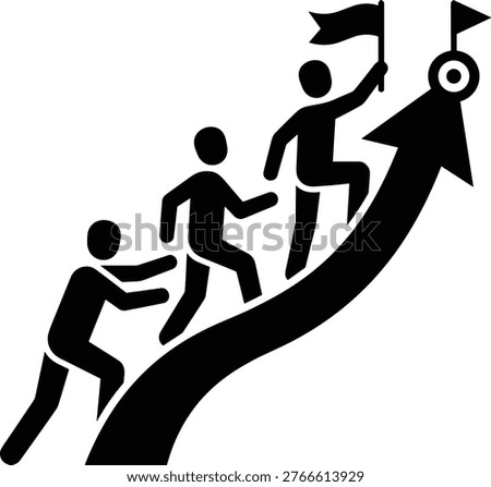 A group of people working together to climb a tall arrow toward a target representing growth and shared success