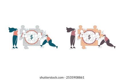 Eine Gruppe von Menschen, die zusammen arbeiten, um ein Puzzle in Form eines Dollarzeichens zu vervollständigen, das Teamarbeit und finanziellen Erfolg repräsentiert.
