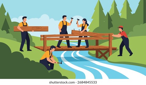 A group of people working together to construct a wooden bridge across a flowing river in a natural setting