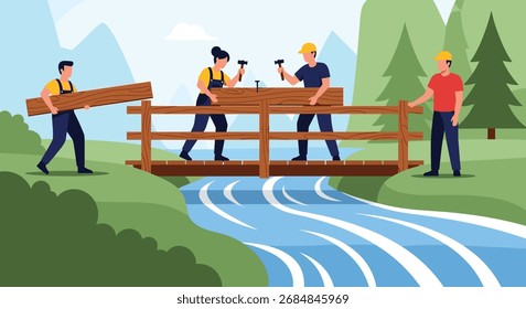 Un grupo de personas están trabajando juntas para construir un puente de madera a través de un río que fluye en un entorno natural.