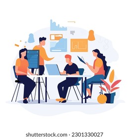 Group of people working together flat illustration