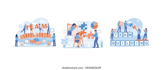 A group of people working together on a business project. Communicate and work together. Productive business teamwork. Team Building concept. Set flat vector illustration.