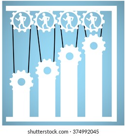 Group of people working together on gears on a blue background