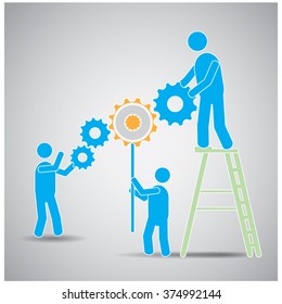 Group of people working together on a grey background