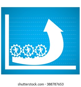 Group of people working together on gears to raise a graph