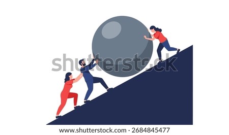 A group of people working together to push a heavy boulder up a steep incline, representing collective effort and overcoming challenges.