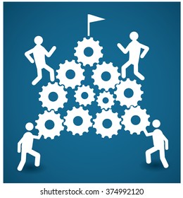 Group of people working together to reach a goal on a blue background