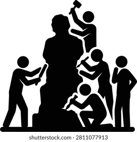 Group of people working together to sculpt a large statue