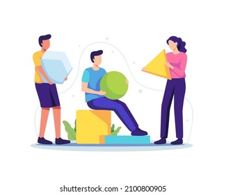 Group of people working together as team. Young men and women collecting shapes and organize them. Vector illustration in a flat style