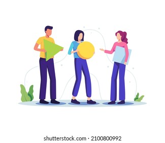 Group of people working together as team. Young men and women collecting shapes and organize them. Vector illustration in a flat style