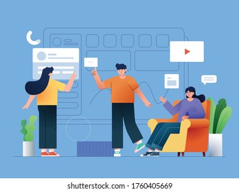 Group of people working together web illustration for website design or application design.