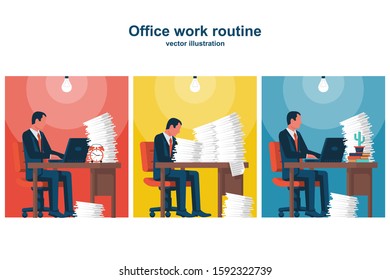 A group of people works in the office. Routine work in cabinet. People analyze the market. Work with paper documents and computers. Vector illustration flat design. Isolated on white background.