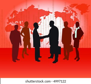 A group of people with world map in background.