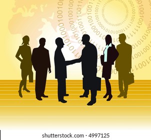 A group of people with world map in background.