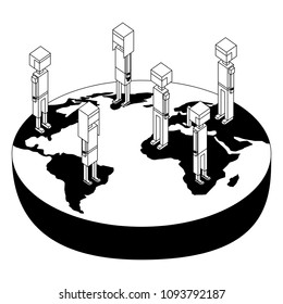 group people with world planet isometric icon