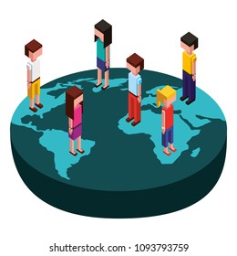 group people with world planet isometric icon