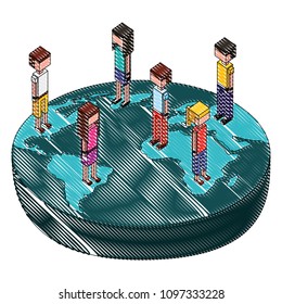 group people with world planet isometric icon