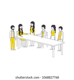 group of people with yellow clothes in the table