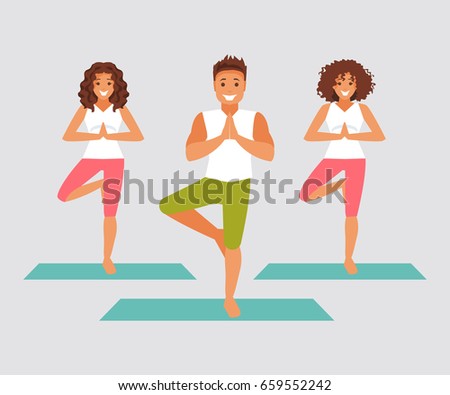 Group of people in yoga class. Tree pose, relaxation. Vector illustration