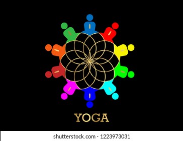 Group people Yoga Studio Logo and golden Lotus Flower. Emblem icon, Concept of group of people meeting collaboration great work and Meditation Harmony. Vector illustration isolated or black background