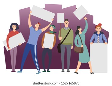 A group of people of young men and women stand and hold blank banners. Protesters or activists take part in a parade or rally or strike and demand. Flat cartoon colorful vector illustration.