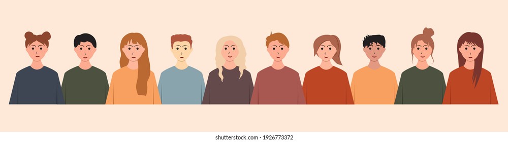 Group of people, young men and women with different skin color.