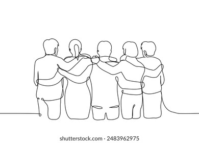 group of people of young men and women stand with their backs to the camera hugging their shoulders - one line art vector. concept of company of friends or team building. Handmade vector not AI