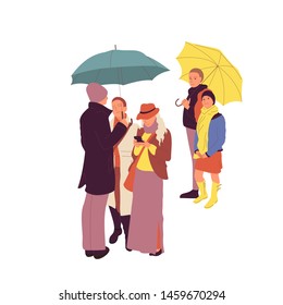 Group of people,are stanging under umbrellas. Isolated on white background. Flat style cartoon stock vector illustration.
