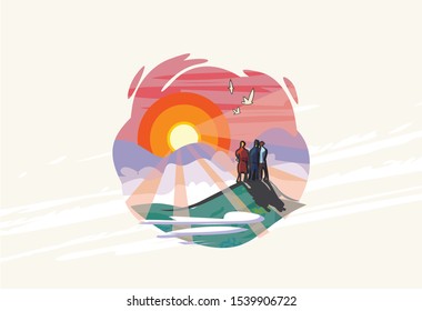 Group of peopleon the edge of a cliff. Beautiful view of nature. Admire the sunset. Having fun outdoors. Sunset. Poster, postcard, calendar.