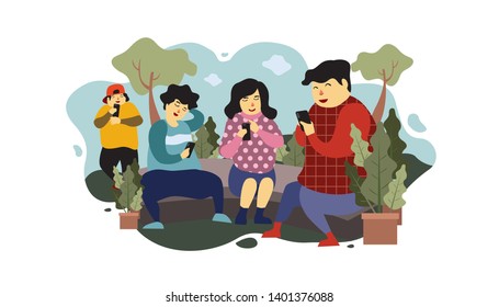 A Group of Peoples Addicted to use Mobile Phone in the Park, Vector Illustration In Isolated White Background, suitable for landing page, ui, web banners, mobile apps, print, news editorial, flyer